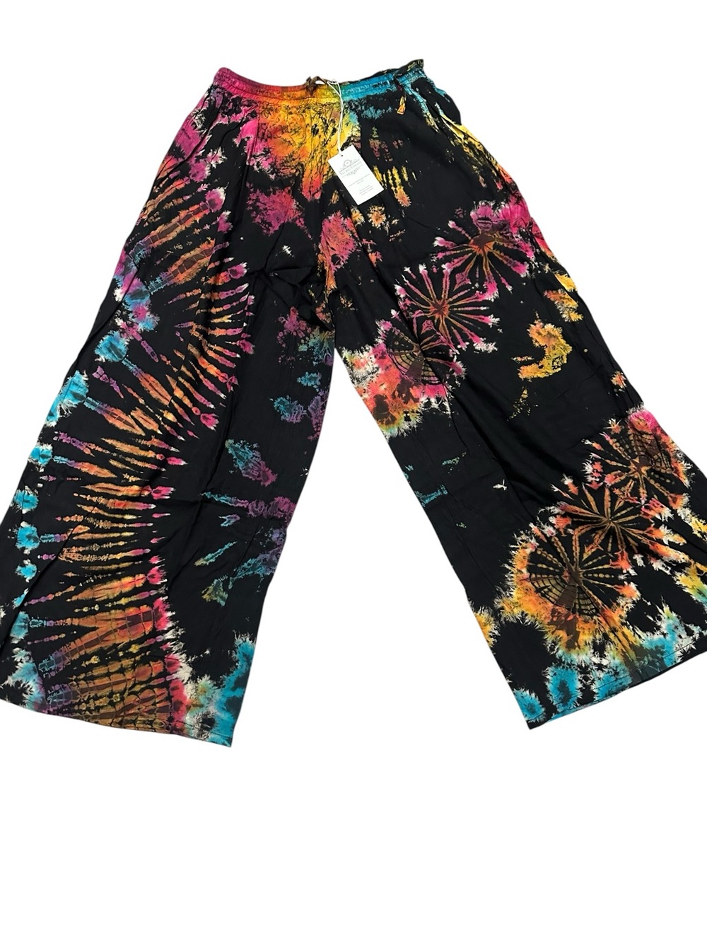 Sacred Threads Black Wide-Leg Tie-Dye Pants with Multicolor Accents. 6225. BL/OR